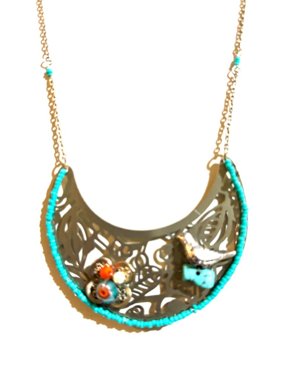 Turquoise Beaded Filigree Crescent Pendant Necklace - Women Jewelry